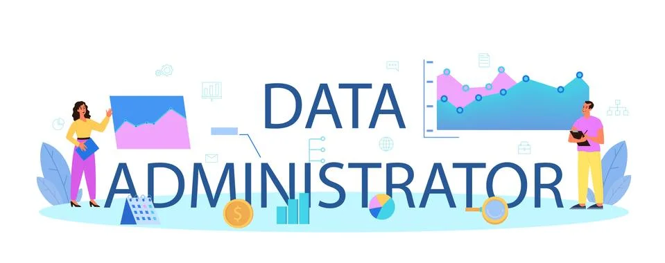 Data administrator typographic header. Female and male character Stock Illustration