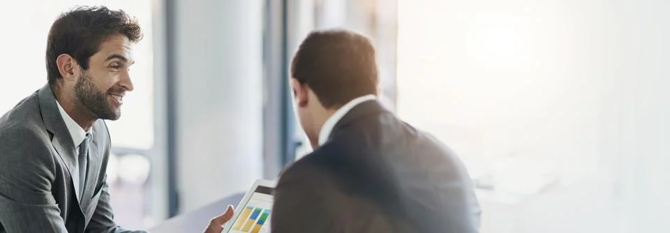 Data, advice and men in office with tablet, banner space and planning for sales Stock Photos