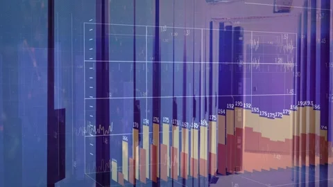 Data aisle showing grid, bars emerging from right, peaking then shrinking away, Stock Footage 332613742