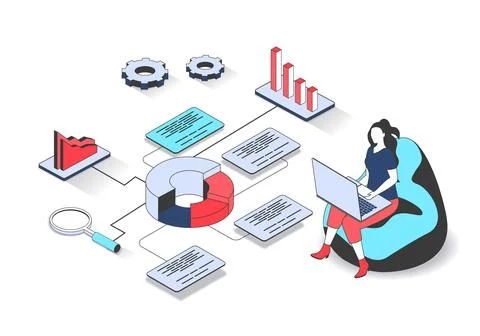 Data analysis 3d isometric concept with isometry people design for web. Wom.. Stock Illustration