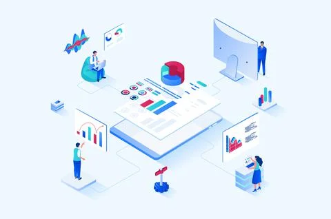 Data analysis 3d isometric web design. People work with charts, diagrams and Stock Illustration