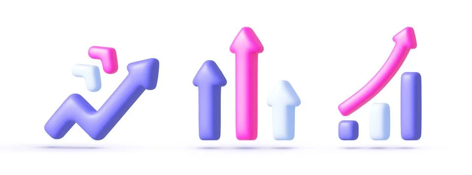 Data analysis 3D Set Vector Illustration. Purple arrow 3d on white background Illustrazione stock