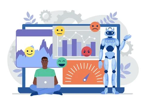 Data analysis with AI. Man with laptop and robot near graphs and charts Stock Illustration