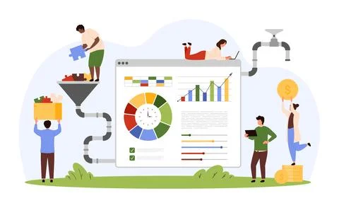 Data analysis, analytics and audit, tiny people putting puzzle pieces into Stock Illustration