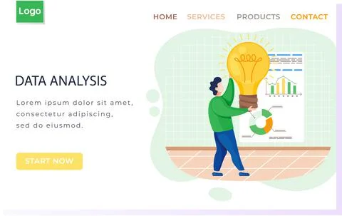 Data analysis, analytics landing page template with man holding light bulb in Stock Illustration