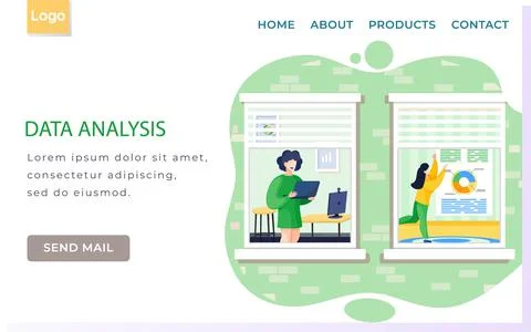 Data analysis, analytics landing page template with businesswoman analyst Stock Illustration