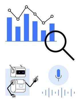 Data Analysis and AI Assistant Chart, Magnifying Glass, Robot, and Voice Re.. Stock Illustration