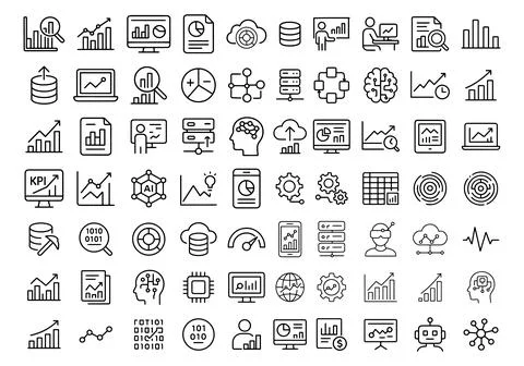 Data Analysis and AI Icon Set with Cloud Computing and Business Intelligenc.. Illustrazione stock