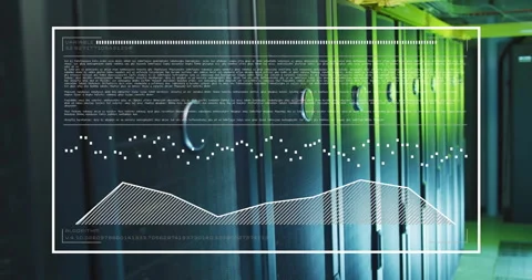 Data analysis and algorithm animation over server racks in data center Stock Footage 305431261