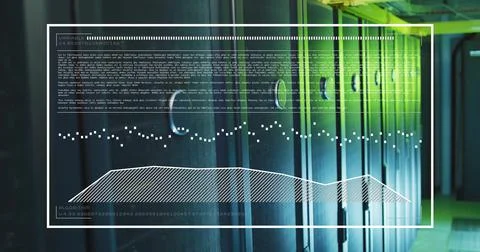 Data analysis and algorithm image over server racks in data center 스톡 일러스트