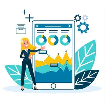 Data analysis and analytics concept. Woman stand Stock Illustration