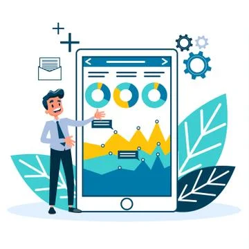 Data analysis and analytics concept. Man stand Illustrazione stock