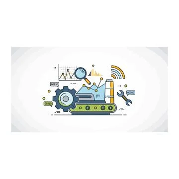 Data analysis and automation industry technology icons with magnifying glass Stock Illustration