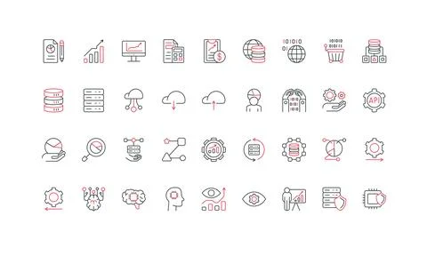 Data analysis and business analytics with AI, financial accounting line icon set Stock Illustration