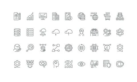 Data analysis and business analytics with AI, financial accounting line icon set Stock Illustration