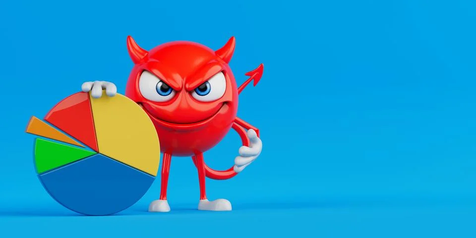 Data Analysis And Business Control Concept. Red Evil Cartoon Character Hold.. Illustrazione stock