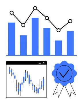 Data Analysis and Certification Symbol with Bar Graph, Line Chart, and Award 스톡 일러스트