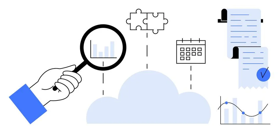 Data Analysis and Cloud Integration with Magnifying Glass and Schedules Stock Illustration