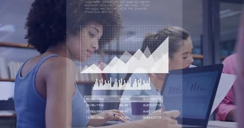Data analysis and coding image over diverse business people working in office 스톡 사진