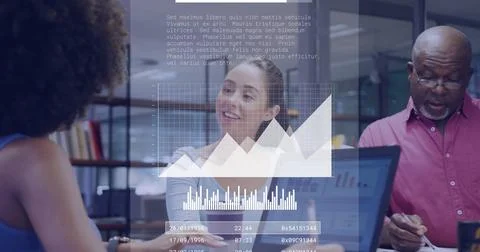 Data analysis and coding image over diverse business people working in office Stock Photos