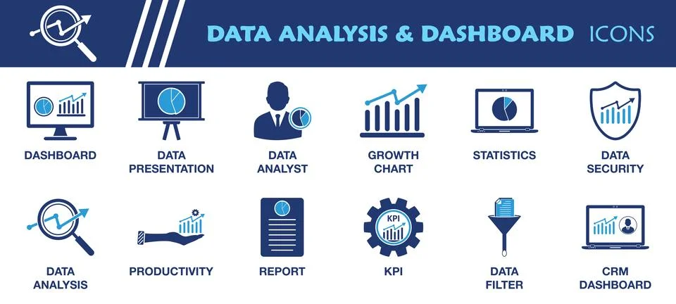 Data Analysis and Dashboard Icon Set. Collection of Productivity, Presentat.. Ilustração Stock