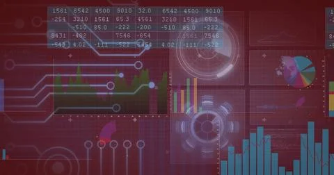 Data analysis and digital interface image over financial graphs and charts Stock Photos