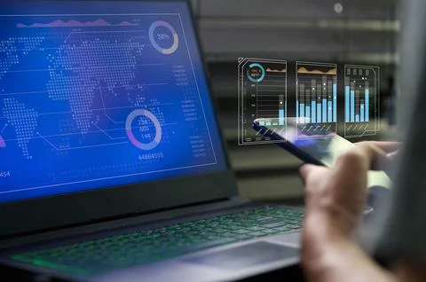 Data Analysis and Digital Tools for Remote Working at Home Office Foto stock