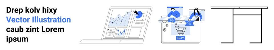 Data Analysis and E-commerce Integration with Desk Setup and Caption Design 스톡 일러스트