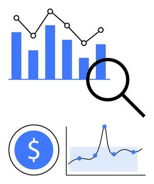 Data Analysis and Financial Insights with Graphs and Magnifying Glass Concept イラスト素材