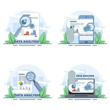 Data analysis and financial research illustration set in flat vector style Stock Illustration