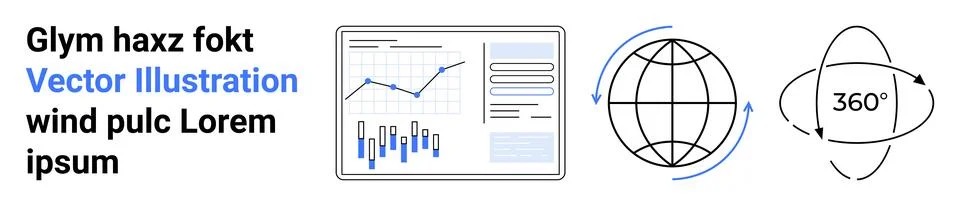 Data Analysis and Global Connectivity Concept Graph, Globe, and 360 Degree Vi Stock Illustration