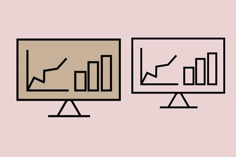 Data analysis and growth bar chart on computer monitor screen icon set. Bus.. Illustrazione stock