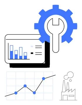 Data Analysis and Industrial Process Optimization with Graphs and Gear Symbol Illustrazione stock