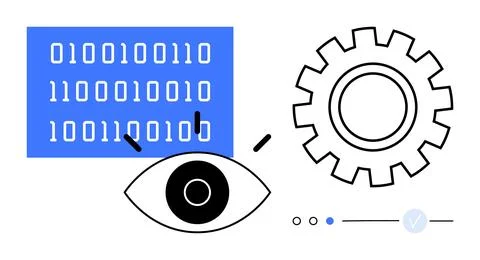 Data Analysis and Machine Learning Concept with Binary Code, Eye, and Gear Stock Illustration