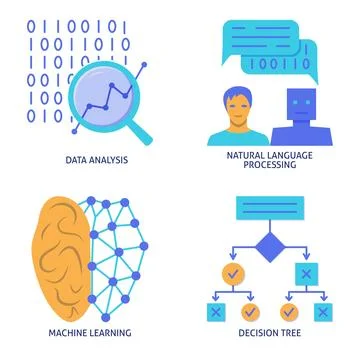 Data analysis and machine learning flat icon set Stock Illustration