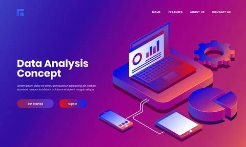 Data Analysis and Management website poster or landing page design with iIs.. Illustrazione stock