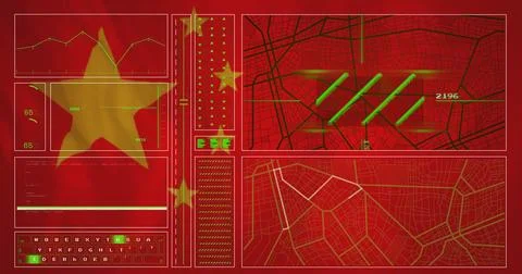 Data analysis and mapping image over red background with Chinese flag elements Foto stock