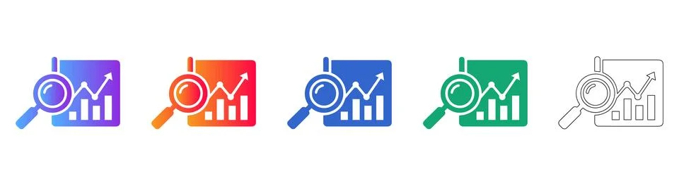 Data Analysis and Market Research Icons with Magnifying Glass Stock Illustration