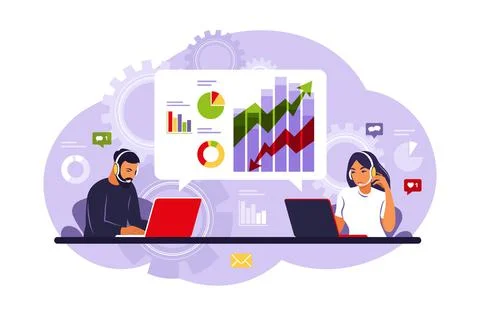 Data analysis and marketing concept. People analysts working with data on das Stock Illustration