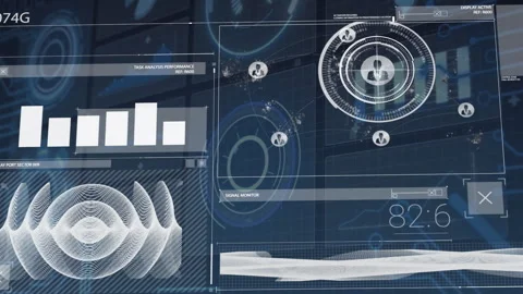 Data analysis and performance metrics animation over futuristic interface with Stock Footage 306637655