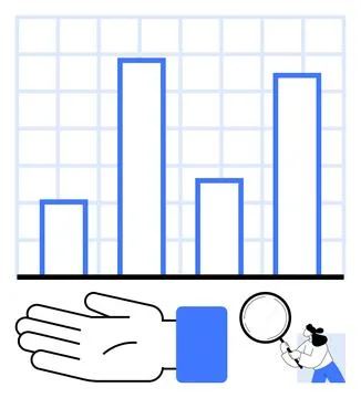 Data Analysis and Presentation Concept with Bar Graph, Hand, and Magnifying.. Stock Illustration