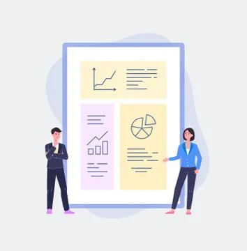 Data analysis and presentation poster - cartoon people presenting board Illustrazione stock