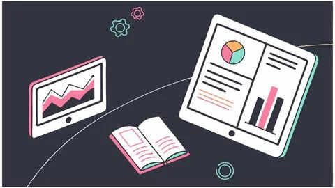 Data analysis and reporting with tablets and book for business and finance Stock Illustration