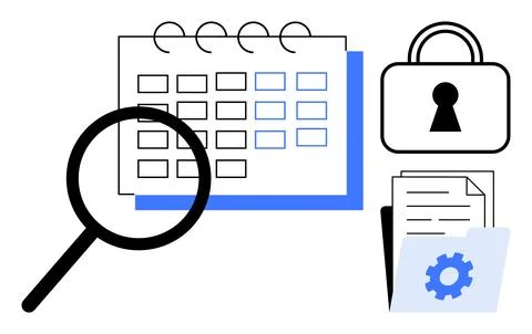 Data Analysis and Security Concept with Magnifying Glass, Calendar, and Lock Stock Illustration
