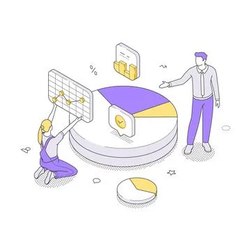 Data analysis and teamwork for business reporting isometric vector illustrati Stock Illustration