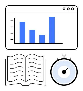 Data Analysis and Time Management with Bar Graph, Open Book, and Stopwatch .. Stock Illustration