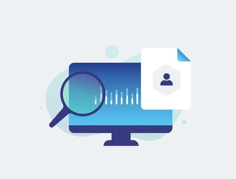 Data analysis and user research concept with magnifying glass and desktop Stock Illustration