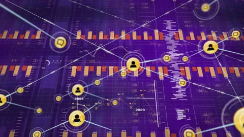 Data analysis animation with graphs and user icons connected by lines on purple Vídeos de archivo 303950891