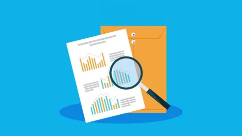 Data analysis animation showing magnifying glass over financial reports com.. Stock Footage 339267464