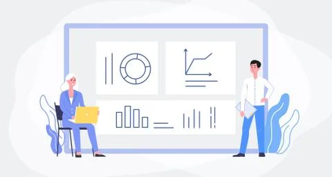 Data analysis banner with people track statistics, flat vector illustration. Illustrazione stock